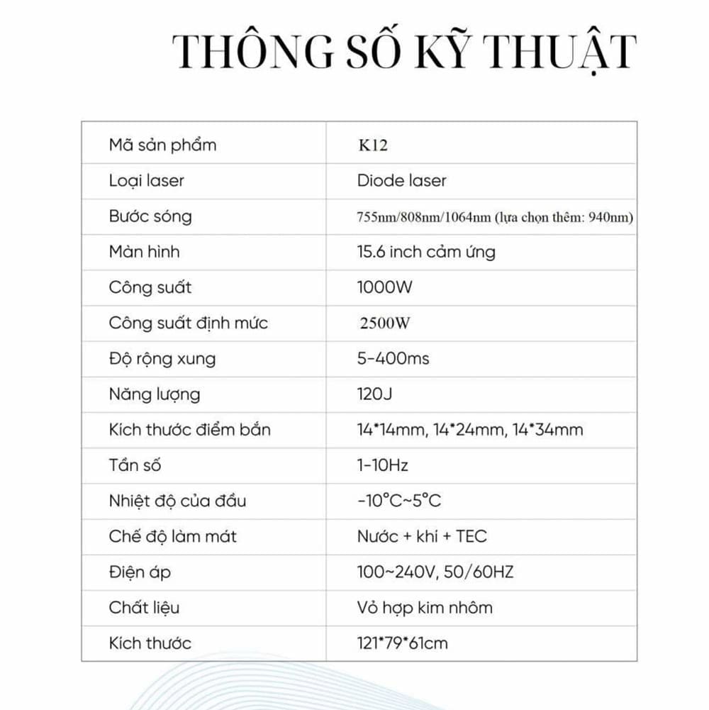 Thông số kỹ thuật Máy Triệt Lông Diode